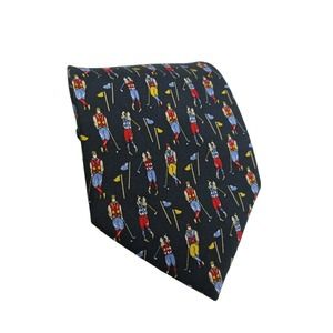 Firense Men's Italian Silk Necktie Black‎ Multi Golf Players Flags Italy